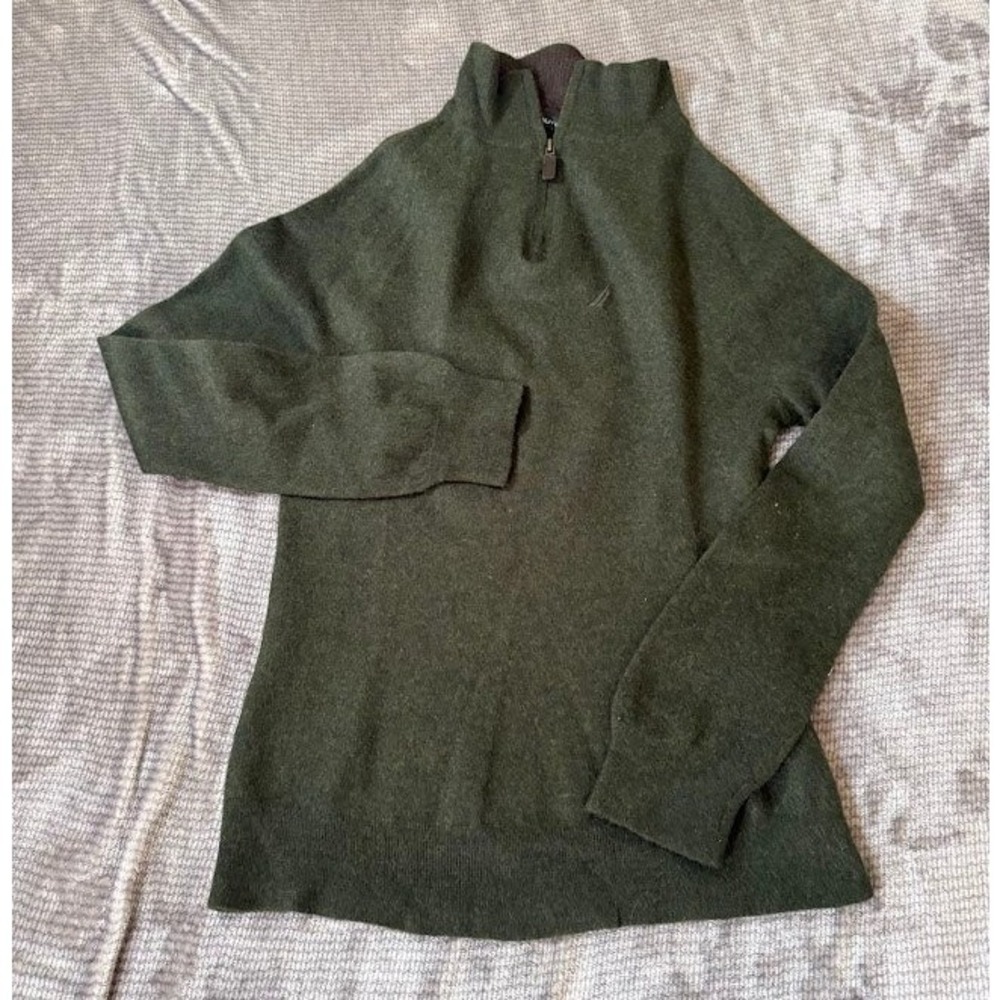 Nautica Mens XXL 100% Merino Wool Quarter Zip Sweater Forest Green Mock Neck